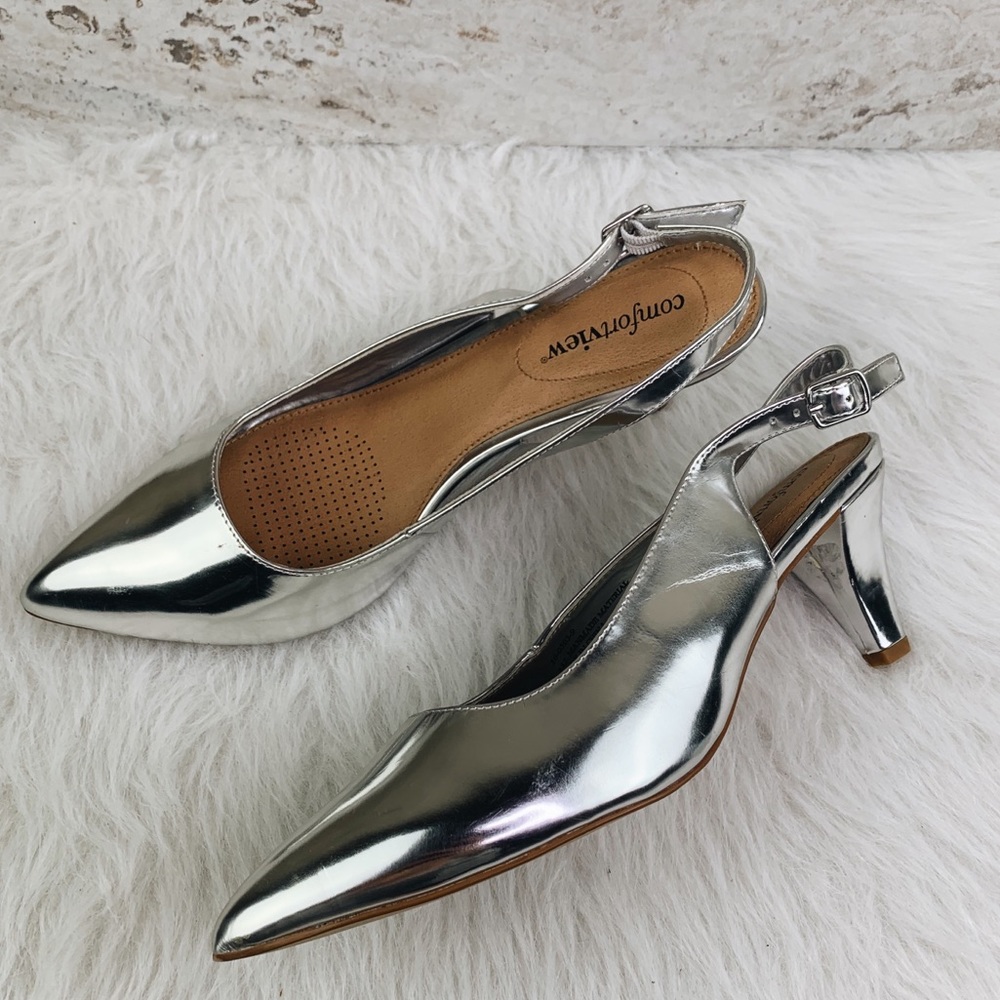 Metallic silver pointed toe slingback heels